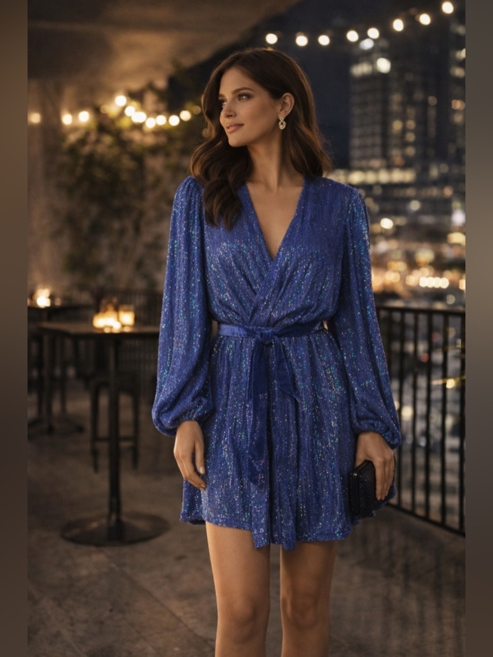 Retrofête Gabriella Blue Sequin Wrap Dress Sz S Party Cocktail Luxe
